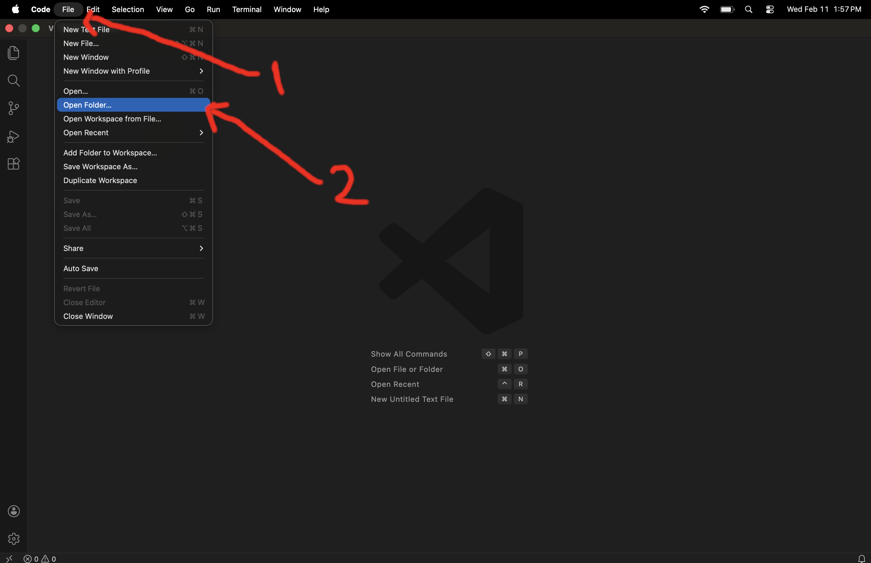 Opening a folder in VS Code