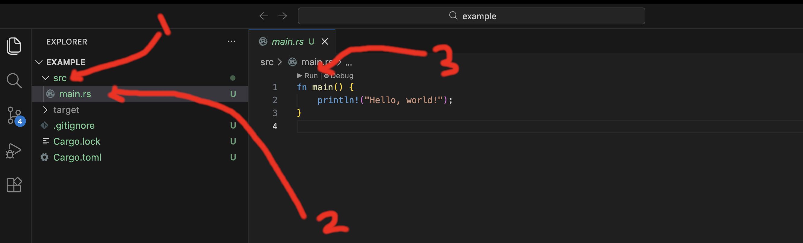 The project open, showing src/main.rs