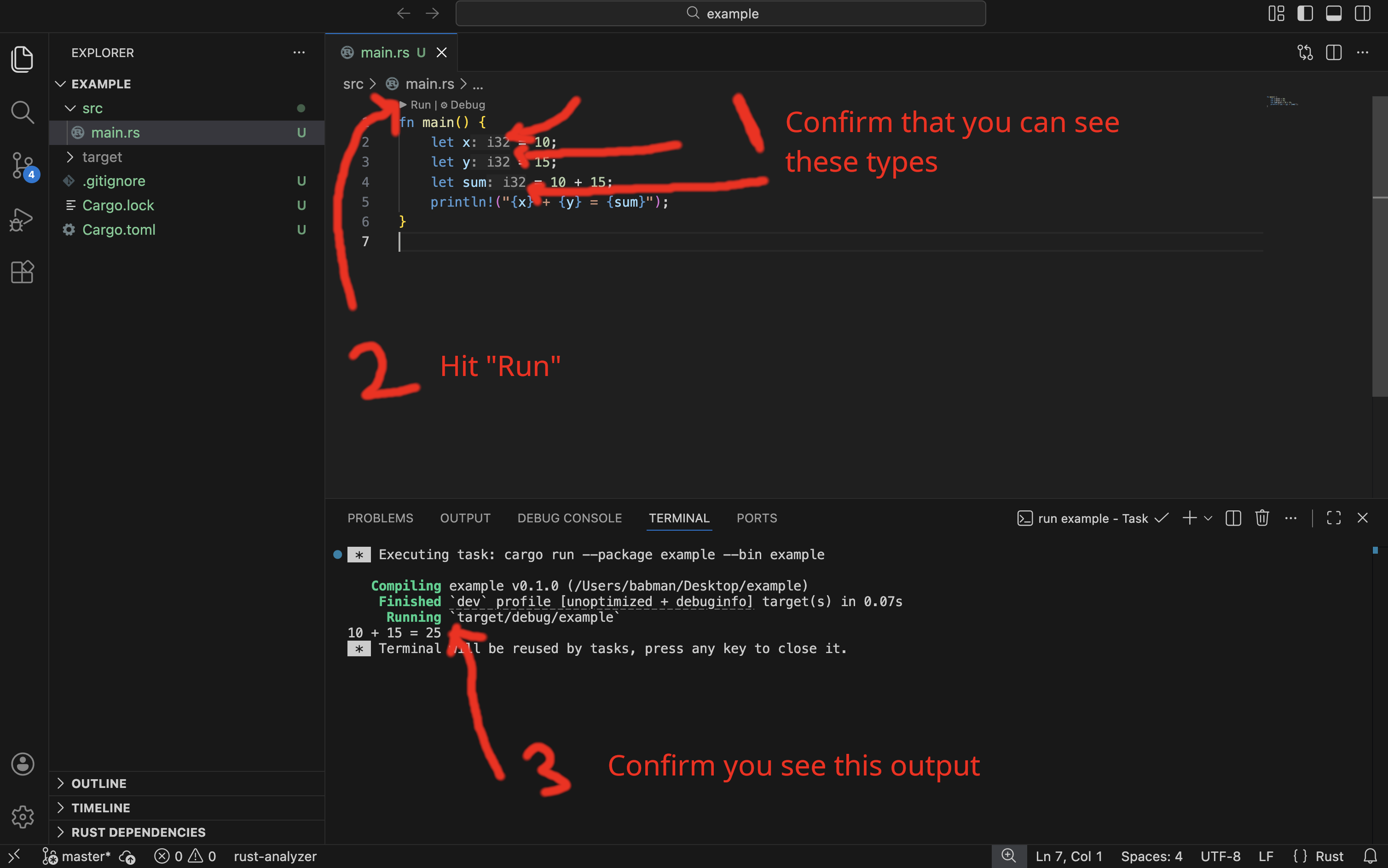 rust-analyzer showing inferred types, and the Run button