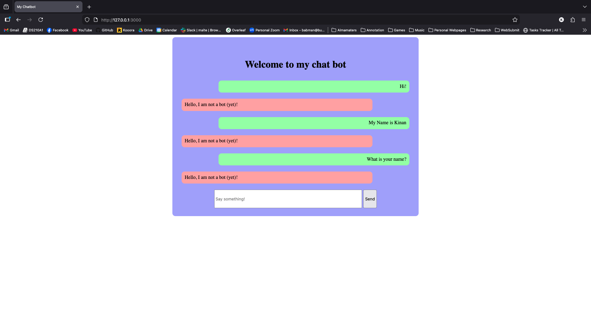 Screenshot of chatbot web interface