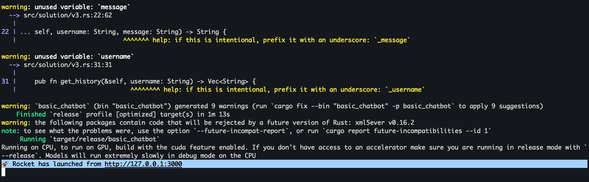 Screenshot of output in terminal